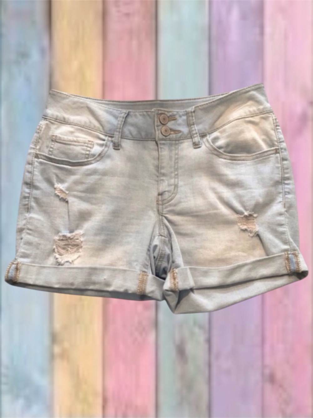 So Light Wash Blue Distressed Cuffed Midi Jean Shorts